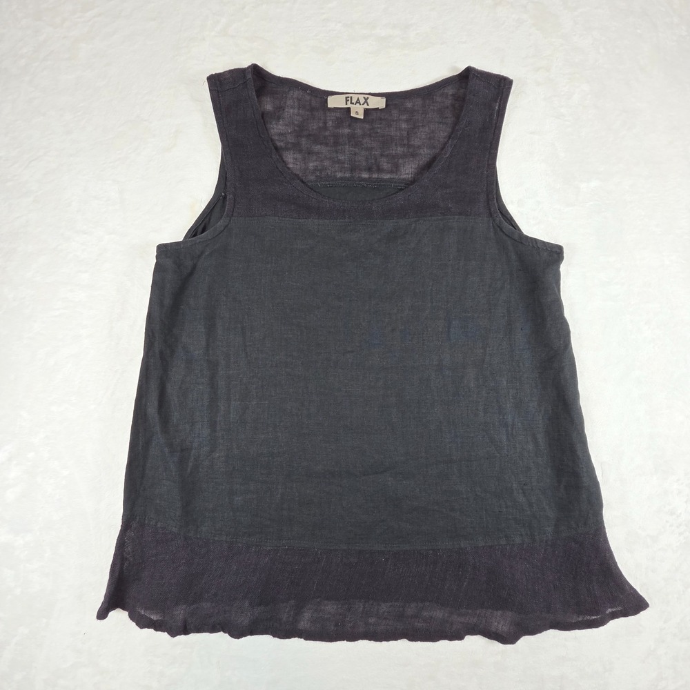 FLAX Designs Black 100% Linen Tank Top Women's Size Small Lagenlook Beachy Vaca